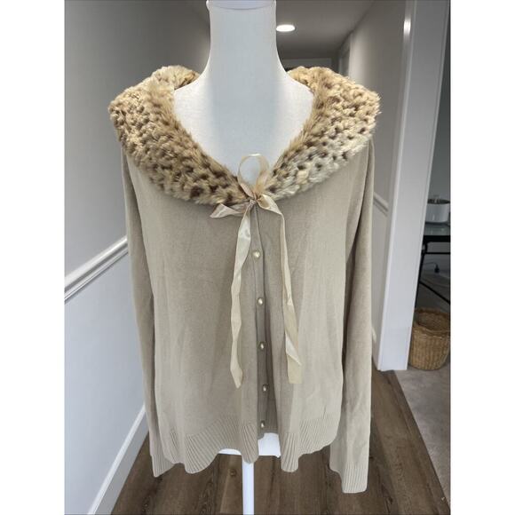 Leopard Collar Cardigan Beige Pearl Button-Up Cardigan Sz L* 50s Retro Hollywood - Picture 1 of 13